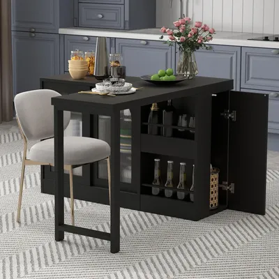 Image de MODFU Meuble Bar Pivotant 360° avec Espaces de Rangement, Table de Bar Extensible et Transformable en Table à Manger - MDF + Métal - Noir
