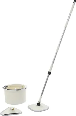 Obrázek produktu pro Mop se ždímacím vědro - otočný o 360° - odstředivé vědro - nastavitelná ocelová tyč 132 cm - mikrovláknová hlavice - černá a bílá