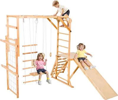 Image de Aire de jeux intérieure VEVOR Structure à grimper (8 en 1), ensemble de jouets à grimper Montessori supportant une charge de 100 kg avec toboggans/balançoires/structure à grimper/anneaux de gymnastique/échelle en bois/échelle de corde/filet à grimper/barre