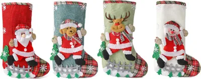 Produktbild von 4er-Set Jute-Weihnachtsstrümpfe mit 3D-Weihnachtsmann, Schneemann und Elch – Geschenktüten, zum Aufhängen am Kamin, Weihnachtsbaum, für die Weihnachtsfeier