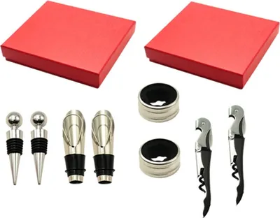Immagine prodotto di set di apribottiglie da 4 pezzi con confezione regalo in confezione doppia | Set di accessori da vino con cavatappi, versatore per bottiglie, tappo per bottiglie e anello salvagoccia | Il regalo perfetto per gli amanti del vino