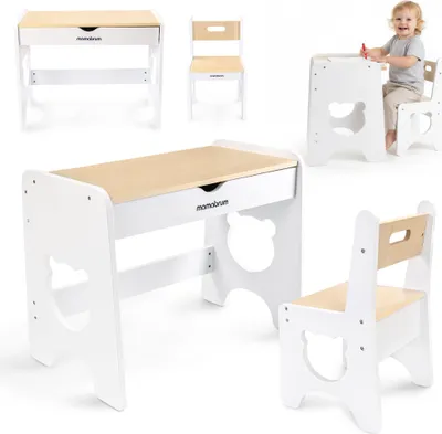 Produktbild von Mamabrum Kinder Tisch- und Stuhlset Bär – Weißer Holztisch mit Schublade & Stuhl, Kinderschreibtisch aus MDF, ab 3 Jahren