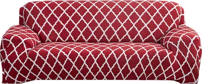 Produktbild von Stretch Sofabezug 1-teilige Polyester Elasthan Stoff Sofa Schonbezug 4-Sitzer Möbelschutzbezug mit Kissenbezug für Kinder Haustiere (Rot)