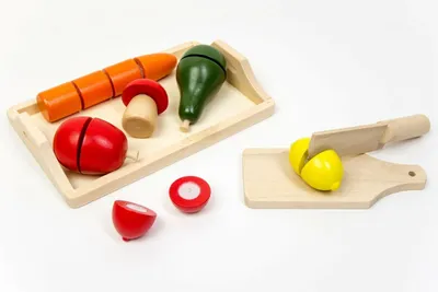 Produktbild von Holzspielzeug Schneideset Tablett mit Obstgemüse für Kaufladen Spielküche