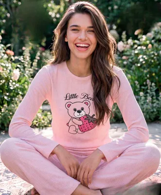 Produktbild von Damen Pyjama Schlafanzug Rosa XL Lang 2-Teiler Set Warm Winter L-94