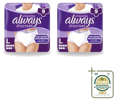 Obrázok produktu pre 2 x Absorpčné nohavičky Always Discreet pre ženy, veľkosť L - balenie s 2 kusmi