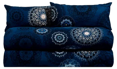 Produktbild von Bettwäsche, 4-teiliges Flanell-Bettgarnitur Sparpaket - Mandala - dunkelblau, temperaturregulierend, mit Reißverschluss - Größe 40x80 cm / 135x200 cm