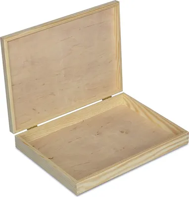 An open wooden box with a lid.