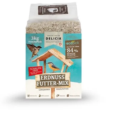 A bag of bird food with an illustration of birds and a bird feeder.