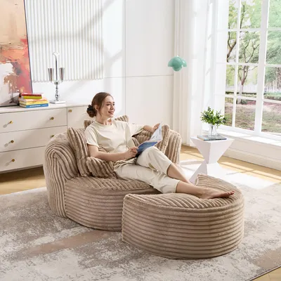 Produktbild von MODFU Loungesessel rund Cord, Relaxsessel mit Fußhocker, Großer Loungesofa mit 5 Kissen, Polstersessel ohne Beine,Sitzsäcke für Wohnzimmer, Kamel & Braun