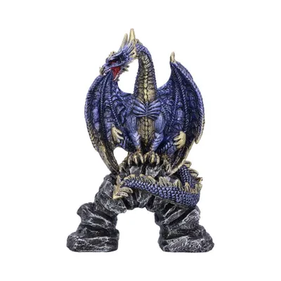 Blauer Drachen auf Felsbogen. Er ist in majestätischen Pose dargestellt mit ausgebreiteten Flügeln.