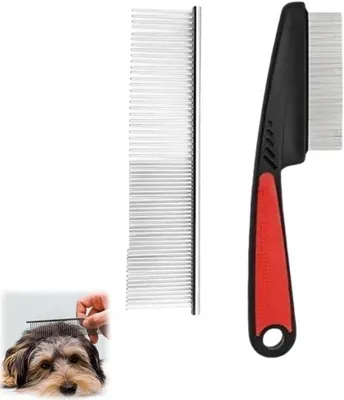Image de Peigne pour animaux en acier inoxydable Peigne anti-puces Lot de 2 peignes à dents fines - Efficace contre les puces et les poux pour chats et chiens