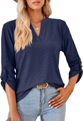 Produktbild von ASKSA Damen Bluse V-Ausschnitt Einfarbig Oberteile Elegant Lose Causal Tunika Tops, Dunkelblau, M