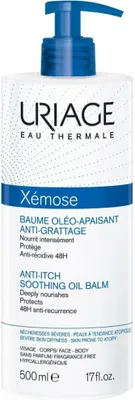 A product shot of a Uriage Xémose Anti-Itch Soothing Oil Balm bottle with a pump dispenser.