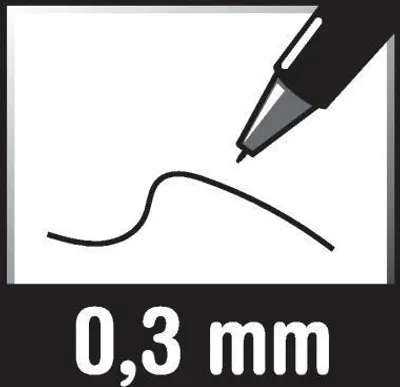 A close-up illustration of a pen tip drawing a wavy line, with the text '0,3 mm' below.