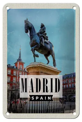 Produktbild von Blechschild Reise 12x18cm Madrid Spanien Pferd Reiter Skulptur
