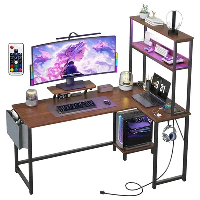 Image de Bureau gaming - Bureau d'angle en L - Bois - Éclairage LED RGB avec télécommande - Multiprise - Deux étagères - Sac de rangement - Support d'écran - Marron