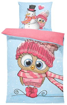 Produktbild von Winter Bettwäsche 135x200 cm Schneemann Eule rosa hell blau Flausch Thermofleece