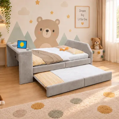 Obrázok produktu pre Merax, posteľ s odkladacím priestorom pre deti, 140x200 cm, s písacím stolom, posteľ s USB nabíjacím portom a výsuvnou posteľou, čalúnená posteľ z velúru, hosťovská posteľ z MDF, sivá farba