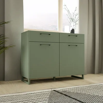 Produktbild von Kommode >SILBA< in Salbei (grün) mit 2 Türen und 2 Schubladen - 109,9x93,4x41,1cm (BxHxT)