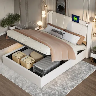 Image de UnboxG Lit 140x200 avec USB(Supporte le sans fil), Lit rembourré 140x200cm avec tête de lit et espace de rangement, Lit double avec sommier à lattes, Lit de rangement Lit adolescent Cadre de lit moderne enPolyuréthane- Beige