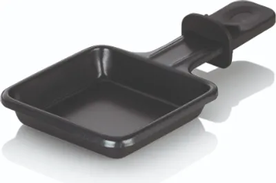 A black raclette pan with a handle is shown against a white background.
