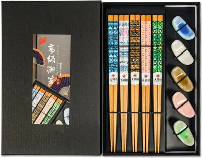 Produktbild von Yoaxia 5 Paar Essstäbchen + 5 Ablagen | Tabemono | Stäbchen aus Holz Geschenk Set
