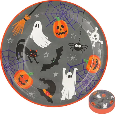 Produktbild von Pappteller Halloween 48er Set Ø 23cm Papier 250gsm orange grau schwarz weiß Kürbis Gespenst Katze Fledermaus Spinne