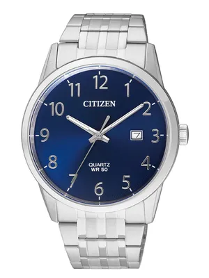 A close-up studio shot of a men's wristwatch with a blue dial and silver metal band.