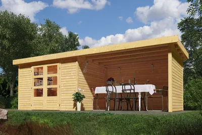 Produktbild von Karibu Gartenhaus Gerätehaus Askola 3 im Set mit Anbaudach 2,80 m Breite und 19 mm Seiten- Rückwand naturbelassen 497x217x211 cm