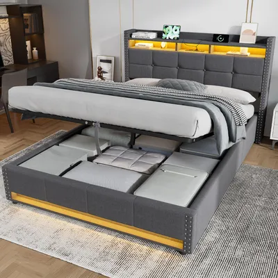 Obrázek produktu pro Postel okwish 140x200 cm s úložným prostorem a zásuvkami v čele, dětská postel s LED osvětlením a úložným prostorem, jednolůžko v šedé barvě, bez matrace