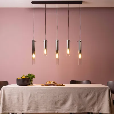 Produktbild von Hängelampe mit Rauchglas, 199 cm Höhe, 95 cm Breite, 5 x E14, schwarz
