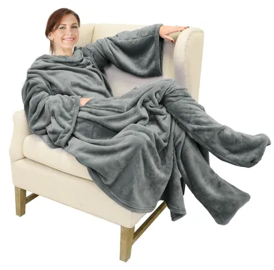 Immagine prodotto di Coperta con maniche - Coperta in pile con tasche per i piedi - Blu navy - 190 x 135 cm