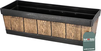 A black and wood-effect planter box is shown against a white background.