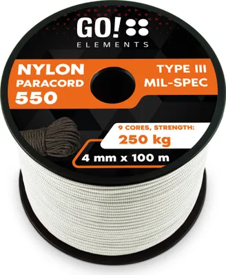 Produktbild von GO!elements 100m Paracord Seil aus reißfester Nylonschnur - 4mm Paracord 550 Typ III Schnur - geeignet als Allzweckseil & Reepschnur - Max. 250kg, Farbe: Weiß