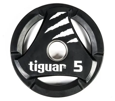 Obrázek produktu pro tiguarPolyuretanzátěžový kotouč 5 kg litinový s polyuretanovým povrchem, tlumící vibrace, protiskluzový, s úchyty, ideální pro činky a silový trénink