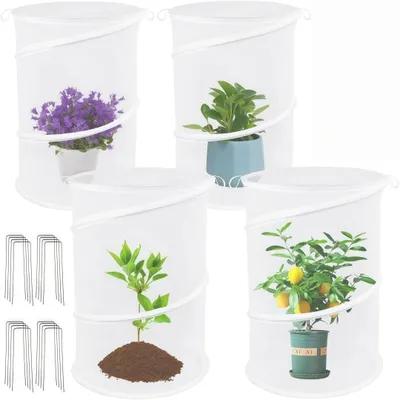 Produktbild von 4er-Set ausklappbarer Pflanzenschutzabdeckungen, faltbare Netz-Gewächshausbarriere, schützt vor Kaninchen, Vögeln und Hühnern, mit Erdspieß, tragbar
