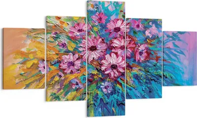 Produktbild von Bild auf Leinwand - Leinwandbild - 5 Teile - Blumenstrauß Blumen Öl - 125x70cm - Wand Bild - Wanddeko - Wandbilder - Leinwanddruck - Bilder - Wanddekoration - Leinwand bilder - EA125x70-4533