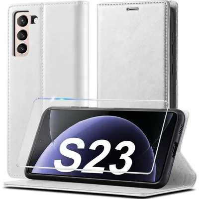 Image de Étui en cuir rabattable pour Samsung Galaxy S23 5G, avec compartiments pour cartes et support intégré, de couleur blanche, incluant une protection d'écran