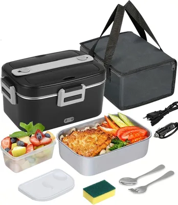 Produktbild von Elektrische Lunchbox 3-in-1, 12/24/220 V, 1,8 Liter, inkl. Besteck & isolierter Tasche – für Auto, Haus, Büro, Baustelle, Schwarz