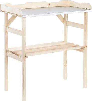 A wooden potting table with a metal top and a shelf.