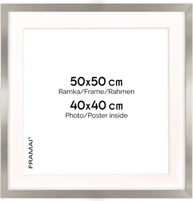 Immagine prodotto di Cornice FRAMAI® 50x50 cm in argento - con passe-partout - Telaio in legno MDF, plexi infrangibile, ecologico, con sospensione