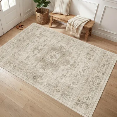 Image de Omgoods - Tapis vintage, 140 x 200 cm - Lavable et antidérapant - Style bohème, couleur crème