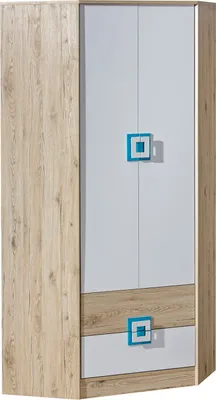 Produktbild von Furniture24 Eckkleiderschrank NICO 02, Eckschrank, Drehtürenschrank, Schrank mit 2 Schubfächern, 3 Einlegeboden und Kleiderstange Hell Eiche/Weiß/Türkis