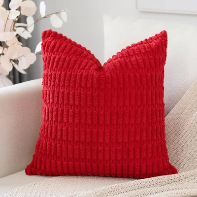 Produktbild von Set mit 1 Kissenbezug im Boho-Streifenmuster, einfarbiger Dekokissenbezug, Sofakissen, 60 x 60 cm, weiches Sofakissen für Wohnzimmer und Schlafzimmer, rot