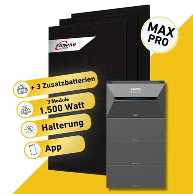 Produktbild von 1500 Watt, Bifazial Komplettset, Balkonkraftwerk, Anker SOLIX Solarbank 3 E2700 Pro, 3 x BP2700 Zusatzbatterien