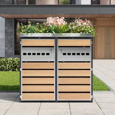 Image de Abri pour poubelles, compartiments de rangement pour poubelles, verrouillable, deux portes, espace pour plantes, avec aération