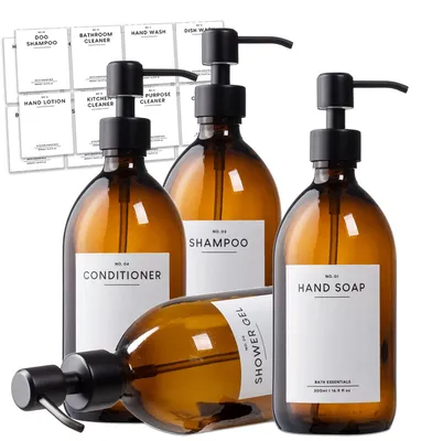 Image de Lot de 4 distributeurs de savon en verre – distributeur pour liquide vaisselle – flacons de shampoing rechargeables – distributeur de gel douche (500 ml) + pompe en acier inoxydable + autocollants