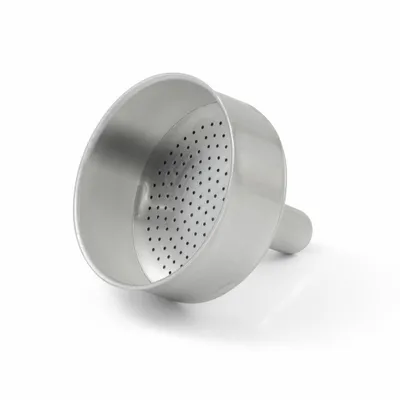 A single silver funnel with many small holes on a white background.