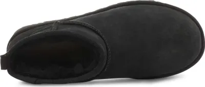 A top-down view of a black Ugg boot.